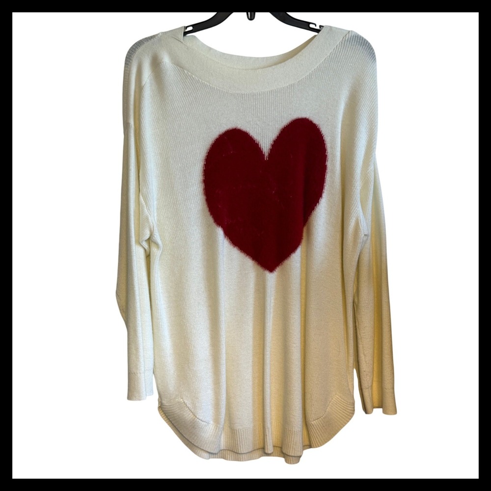 Song‎ N Spirit Cream Red Heart Fuzzy Velour Long Sleeve Sweater Women's XL